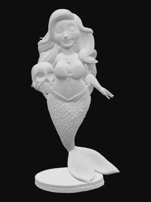 3D model for A cute 30 year old chubby busty latin mermaid holding a sailors skull sitting on a round base. Happy laughing large green eyes.