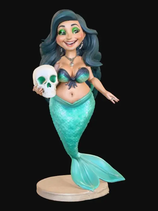 3D model for A cute 30 year old chubby busty latin mermaid holding a sailors skull sitting on a round base. Happy laughing large green eyes.