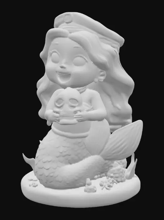 3D model for A cute 30 year old chubby busty latin mermaid holding a sailors skull sitting on a round base. Happy laughing large green eyes.