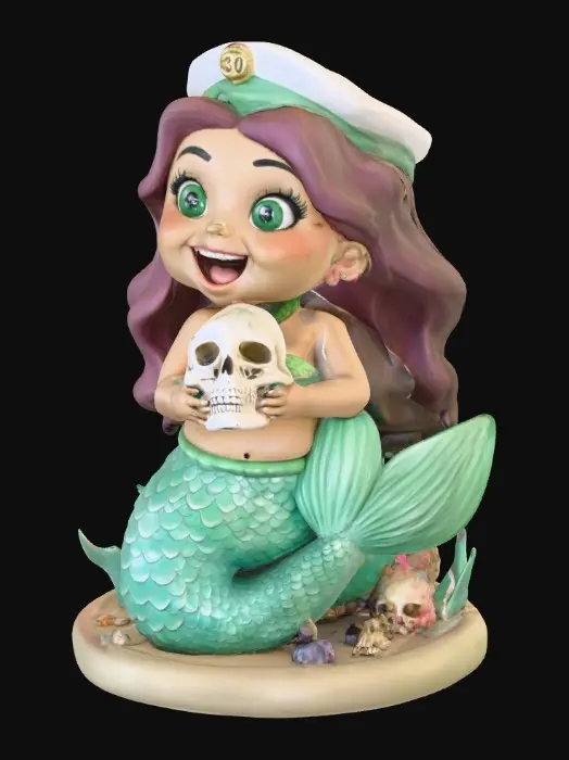 3D model for A cute 30 year old chubby busty latin mermaid holding a sailors skull sitting on a round base. Happy laughing large green eyes.