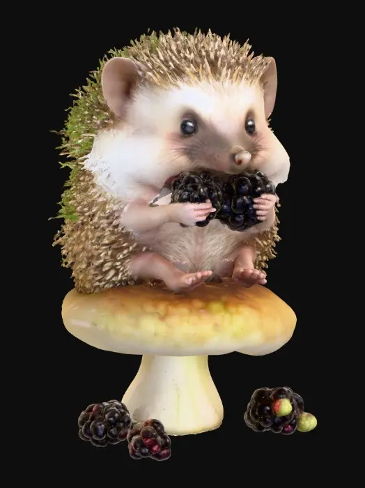3D model for An adorable hedgehog eat blackberries in a Burtonesque style