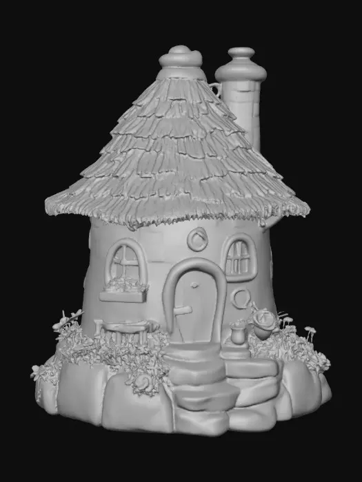 3D model for High detail, trixie pixie house on a round stone base with floral landscaping and stepping stone walkway