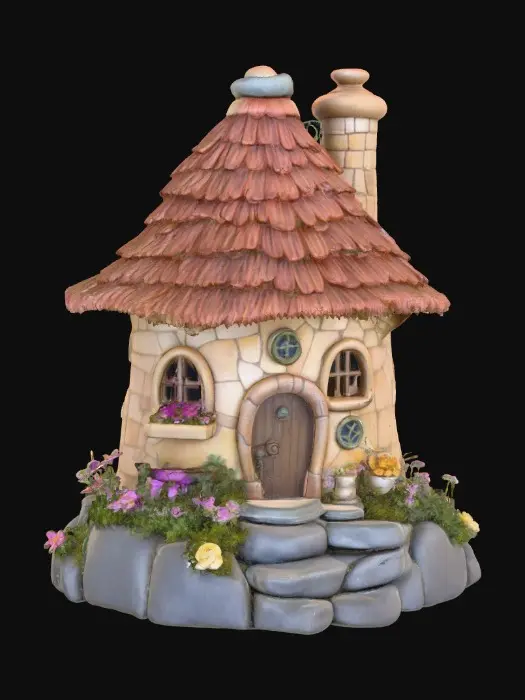 3D model for High detail, trixie pixie house on a round stone base with floral landscaping and stepping stone walkway