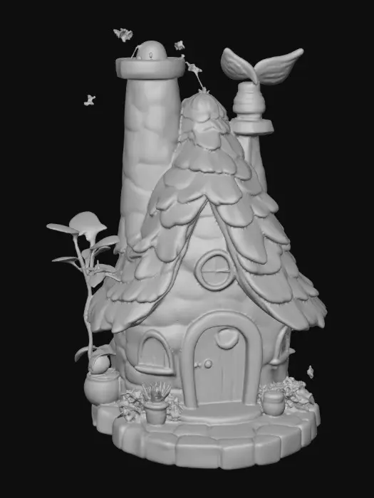 3D model for High detail, trixie pixie house on a round stone base with floral landscaping and stepping stone walkway