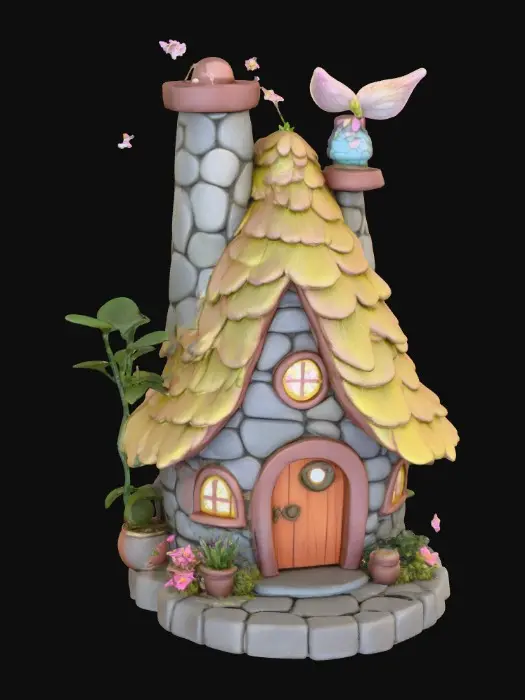 3D model for High detail, trixie pixie house on a round stone base with floral landscaping and stepping stone walkway