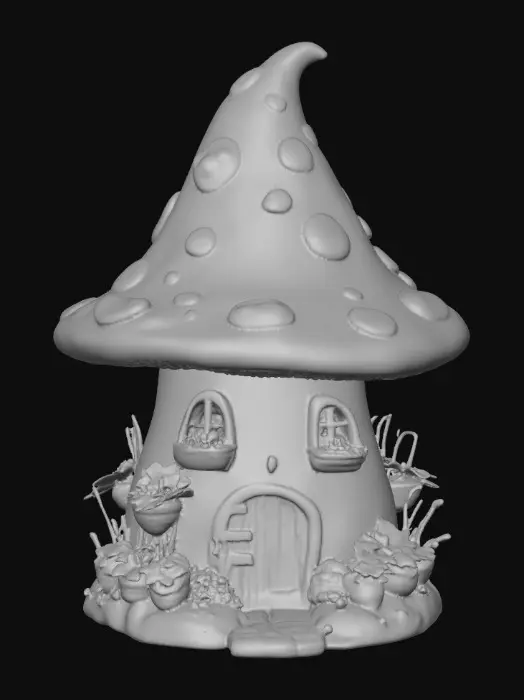 3D model for A highly detailed 3D image of a fairy house made out of a mushroom.  Arched windows and doorways.  Clorful Flower boxes under the windows. Creation sits on a landscaped round base with walkway grass and flowers