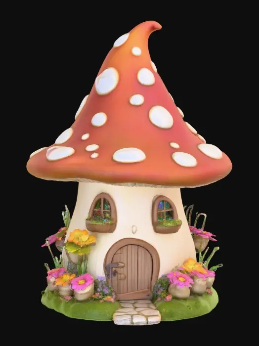3D model for A highly detailed 3D image of a fairy house made out of a mushroom.  Arched windows and doorways.  Clorful Flower boxes under the windows. Creation sits on a landscaped round base with walkway grass and flowers