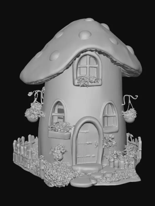 3D model for A highly detailed 3D image of a fairy house made out of a mushroom.  Arched windows and doorways.  Clorful Flower boxes under the windows. Creation sits on a landscaped round base with walkway grass and flowers