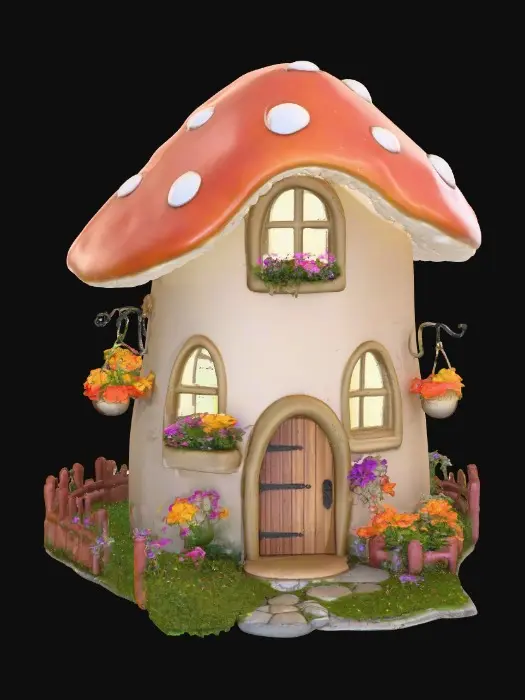 3D model for A highly detailed 3D image of a fairy house made out of a mushroom.  Arched windows and doorways.  Clorful Flower boxes under the windows. Creation sits on a landscaped round base with walkway grass and flowers