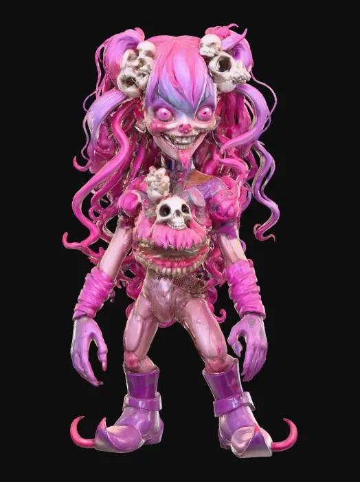 3D model for Violet Nightmare gothic monster girl with long curled hot pink hair. Metallic Purple shoes with curled toes. , #Halloween2025#