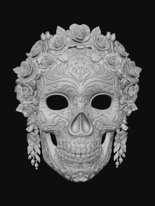 3D model for Highly detailed sugar skulls mask. Bright bold vivid colors. Decorated with hyper-realistic flowers and roses. Highest resolution and best quality of an extravagant mask., #Halloween2025#
