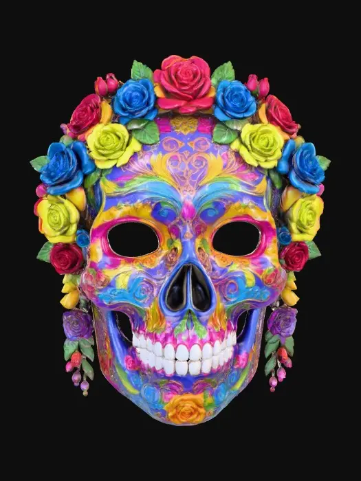 3D model for Highly detailed sugar skulls mask. Bright bold vivid colors. Decorated with hyper-realistic flowers and roses. Highest resolution and best quality of an extravagant mask., #Halloween2025#