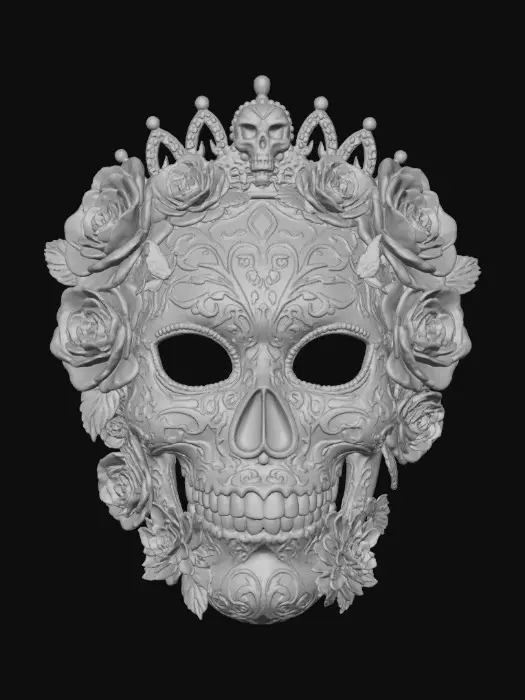 3D model for Highly detailed sugar skulls mask. Bright bold vivid colors. Decorated with hyper-realistic flowers and roses. Highest resolution and best quality of an extravagant mask., #Halloween2025#
