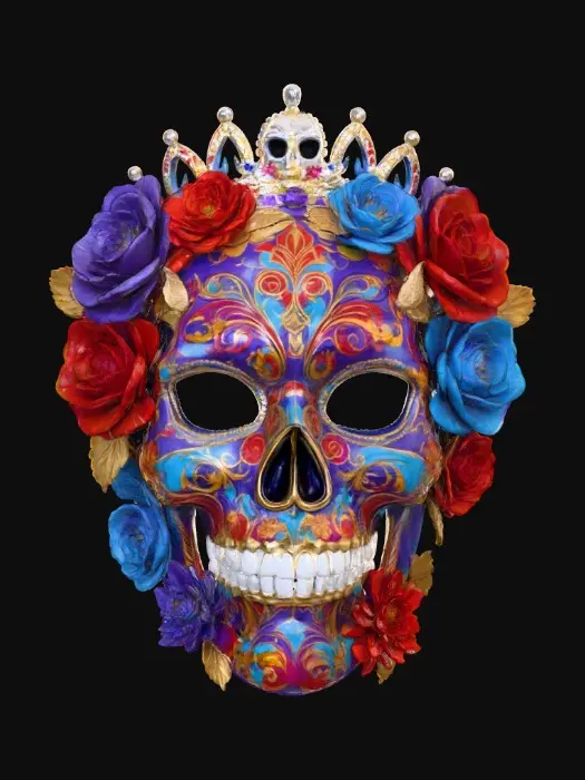 3D model for Highly detailed sugar skulls mask. Bright bold vivid colors. Decorated with hyper-realistic flowers and roses. Highest resolution and best quality of an extravagant mask., #Halloween2025#