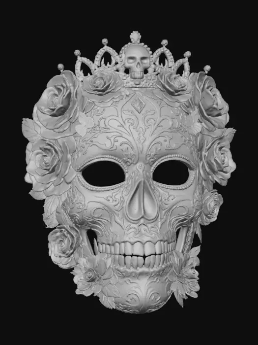 3D model for Highly detailed sugar skulls mask. Bright bold vivid colors. Decorated with hyper-realistic flowers and roses. Highest resolution and best quality of an extravagant mask., #Halloween2025#