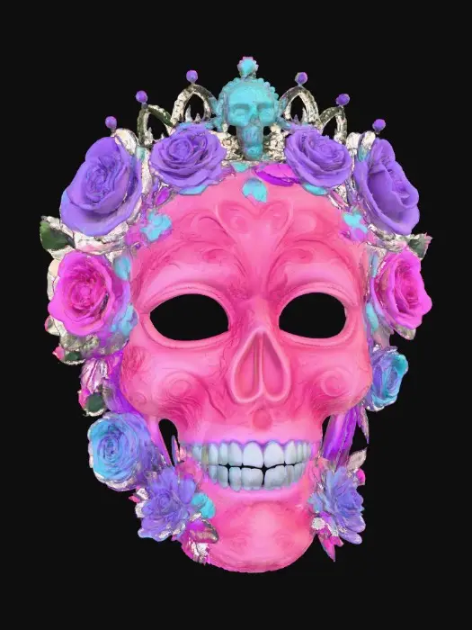 3D model for Highly detailed sugar skulls mask. Bright bold vivid colors. Decorated with hyper-realistic flowers and roses. Highest resolution and best quality of an extravagant mask., #Halloween2025#