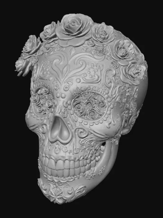 3D model for Highly detailed sugar skulls mask. Bright bold vivid colors. Decorated with hyper-realistic flowers and roses. Highest resolution and best quality of an extravagant mask., #Halloween2025#