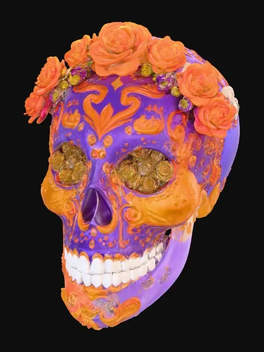 3D model for Highly detailed sugar skulls mask. Bright bold vivid colors. Decorated with hyper-realistic flowers and roses. Highest resolution and best quality of an extravagant mask., #Halloween2025#