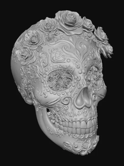 3D model for Highly detailed sugar skulls mask. Bright bold vivid colors. Decorated with hyper-realistic flowers and roses. Highest resolution and best quality of an extravagant mask., #Halloween2025#