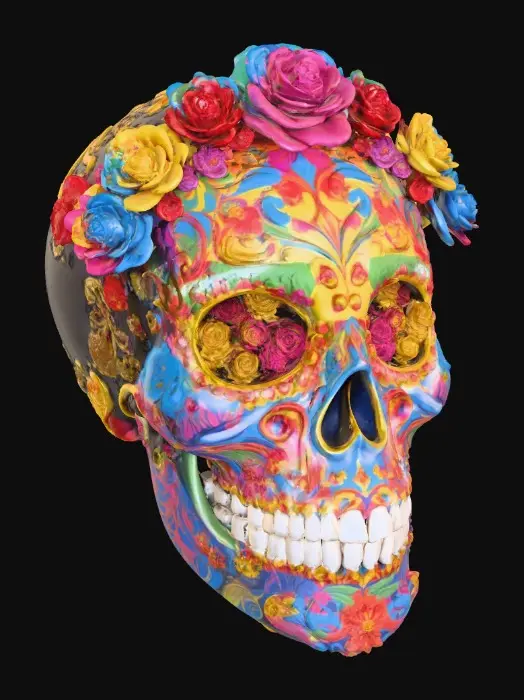3D model for Highly detailed sugar skulls mask. Bright bold vivid colors. Decorated with hyper-realistic flowers and roses. Highest resolution and best quality of an extravagant mask., #Halloween2025#