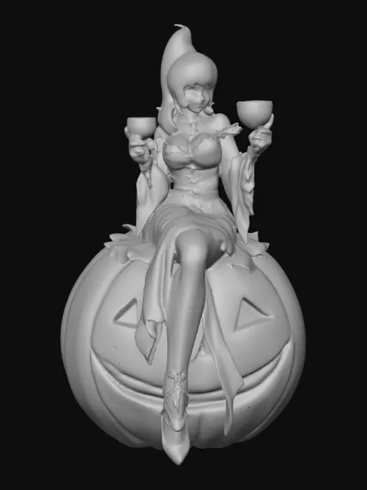 3D model for The very iconic "Elvira mistress of the dark" sits on an over sized jack o lantern. She holds a goblet full of blood and some drops of blood drips from her full red lips. She wears her iconic hair style with a partial beehive style. Her eyes are heavily made up with thick black eyelashes. Her dress hugs her curves and has a slit up to her thigh. Very sexy and Gothic on a grey background. , #Halloween2025#, #Halloween2025#