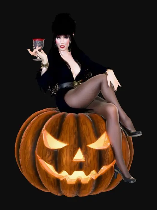 3D model for The very iconic "Elvira mistress of the dark" sits on an over sized jack o lantern. She holds a goblet full of blood and some drops of blood drips from her full red lips. She wears her iconic hair style with a partial beehive style. Her eyes are heavily made up with thick black eyelashes. Her dress hugs her curves and has a slit up to her thigh. Very sexy and Gothic on a grey background. , #Halloween2025#, #Halloween2025#