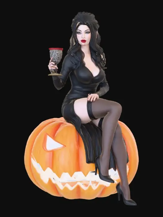 3D model for The very iconic "Elvira mistress of the dark" sits on an over sized jack o lantern. She holds a goblet full of blood and some drops of blood drips from her full red lips. She wears her iconic hair style with a partial beehive style. Her eyes are heavily made up with thick black eyelashes. Her dress hugs her curves and has a slit up to her thigh. Very sexy and Gothic on a grey background. , #Halloween2025#, #Halloween2025#