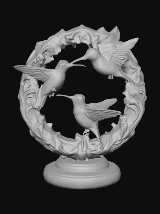 3D model for 3 hummingbirds form a circular pedestal.  Extremely detailed carved elaborately embossed hummingbirds pedestal sitting on a round base. Masterpiece of art. Iridescencent ivory with 14 gold highlights. Hummingbird decor in colors of 14k gold, ab dark aqua/ab purple/ab green, and iridescent rosy pink. A masterpiece of art nuevo detailed and highly embossed
