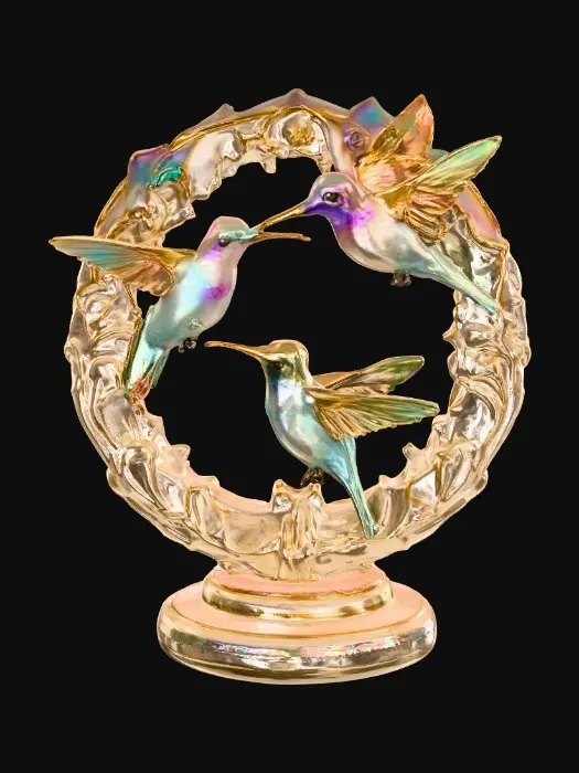 3D model for 3 hummingbirds form a circular pedestal.  Extremely detailed carved elaborately embossed hummingbirds pedestal sitting on a round base. Masterpiece of art. Iridescencent ivory with 14 gold highlights. Hummingbird decor in colors of 14k gold, ab dark aqua/ab purple/ab green, and iridescent rosy pink. A masterpiece of art nuevo detailed and highly embossed