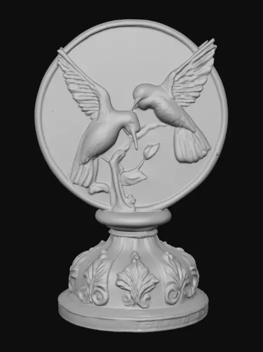3D model for 3 hummingbirds form a circular pedestal.  Extremely detailed carved elaborately embossed hummingbirds pedestal sitting on a round base. Masterpiece of art. Iridescencent ivory with 14 gold highlights. Hummingbird decor in colors of 14k gold, ab dark aqua/ab purple/ab green, and iridescent rosy pink. A masterpiece of art nuevo detailed and highly embossed