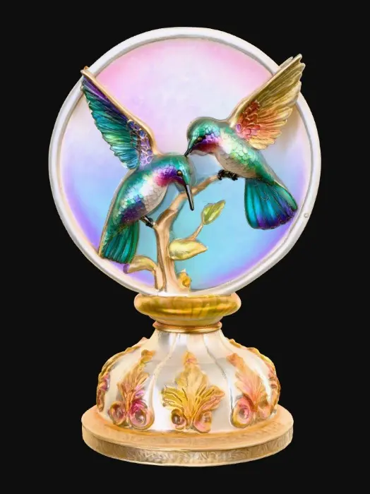 3D model for 3 hummingbirds form a circular pedestal.  Extremely detailed carved elaborately embossed hummingbirds pedestal sitting on a round base. Masterpiece of art. Iridescencent ivory with 14 gold highlights. Hummingbird decor in colors of 14k gold, ab dark aqua/ab purple/ab green, and iridescent rosy pink. A masterpiece of art nuevo detailed and highly embossed