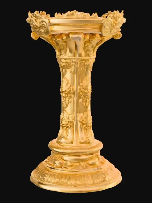 3D model for Extravagant elaborately embossed golden pedestal inside and out. Highly intricate designed details. Rocco styled design. Standing on a large round base