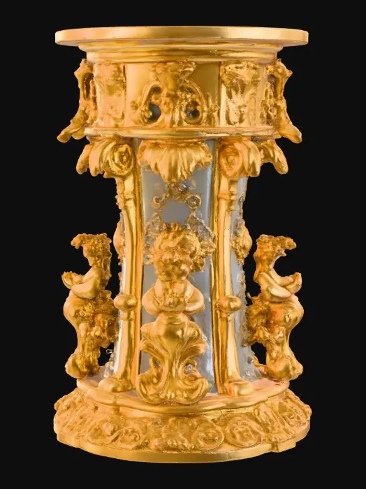 3D model for Victorian Extravagant elaborately embossed golden pedestal inside and out. Highly intricate designed details cherubs