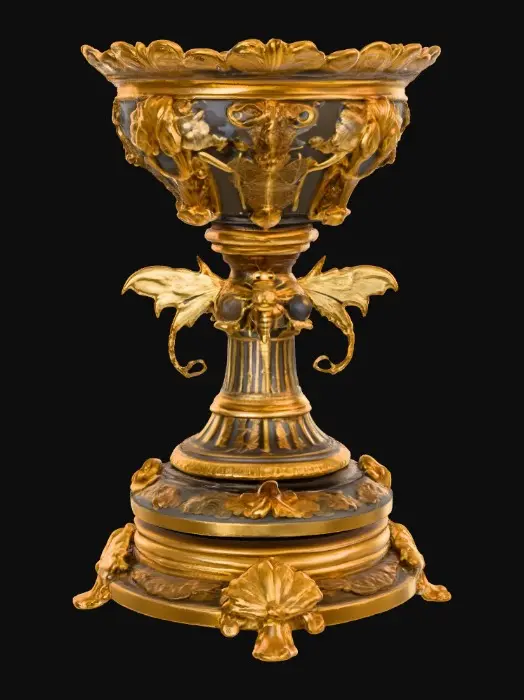 3D model for Victorian Extravagant elaborately embossed golden pedestal inside and out. Highly intricate designed details dragonflies standing on a round base