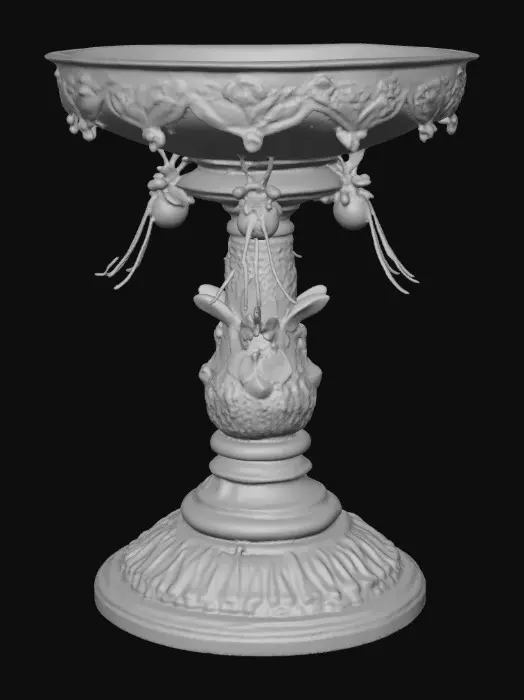 3D model for Victorian Extravagant elaborately embossed golden pedestal inside and out. Highly intricate designed details dragonflies standing on a round base