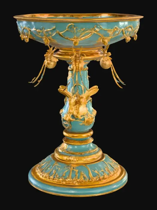 3D model for Victorian Extravagant elaborately embossed golden pedestal inside and out. Highly intricate designed details dragonflies standing on a round base