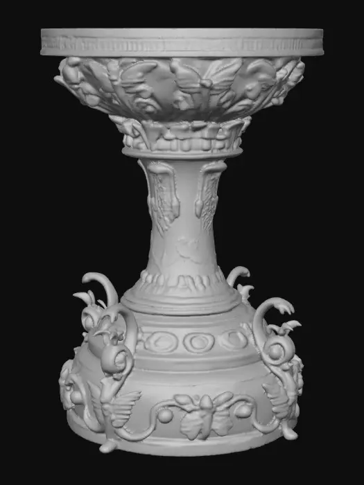 3D model for Victorian Extravagant elaborately embossed golden pedestal inside and out. Highly intricate designed details dragonflies standing on a round base