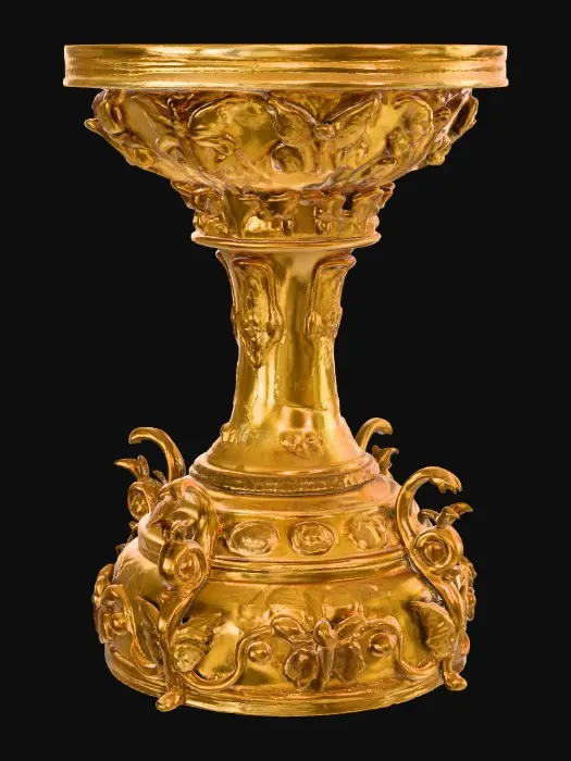 3D model for Victorian Extravagant elaborately embossed golden pedestal inside and out. Highly intricate designed details dragonflies standing on a round base