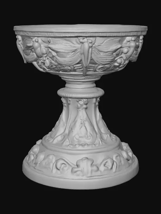 3D model for Victorian Extravagant elaborately embossed golden pedestal inside and out. Highly intricate designed details dragonflies standing on a round base