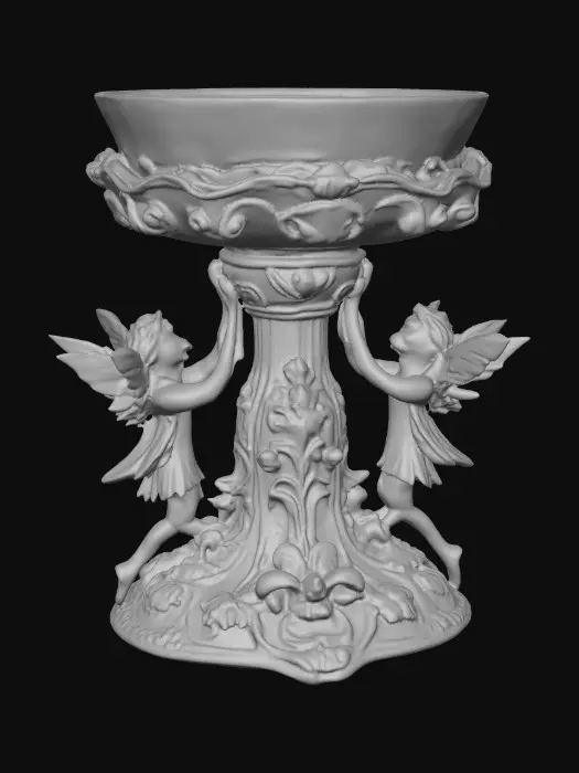 3D model for A pedestal comprised of small fairies that are holding a bowl shapped base above their heads. The complete design is on a 3 inch round base. Victorian, Extravagant, elaborately embossed design. A masterpiece of art nouveau, lush botanicals are interwoven into the design