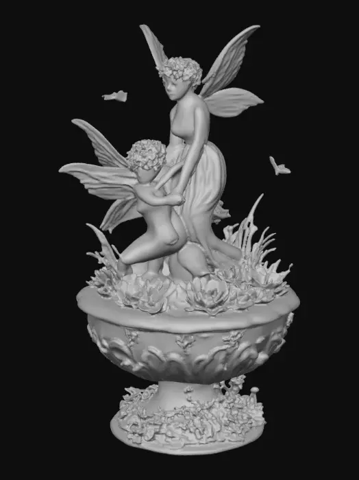 3D model for A pedestal comprised of small fairies that are holding a bowl shapped base above their heads. The complete design is on a 3 inch round base. Victorian, Extravagant, elaborately embossed design. A masterpiece of art nouveau, lush botanicals are interwoven into the design