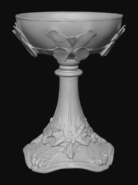 3D model for A pedestal comprised of three butterflies that are holding a bowl shapped base above their wings. The complete design is on a 3 inch round base. Victorian, Extravagant, elaborately embossed design. A masterpiece of art nouveau, lush botanicals are interwoven into the design
