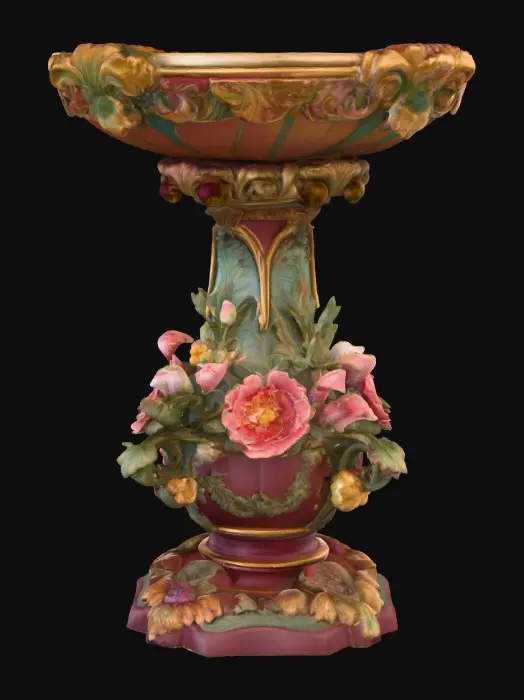 3D model for An elaborately designed pestal with a small bowl shapped base on top. The pedestal sits on a 3 inch base plate. The entire design is a masterpiece of art comprised of lush botanical, florals. Elements of Rocco, art nuevo era. Colors representing the victorian era.