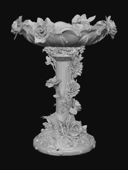 3D model for An elaborately designed pestal with a small bowl shapped base on top. The pedestal sits on a 3 inch base plate. The entire design is a masterpiece of art comprised of lush botanical, florals. Elements of Rocco, art nuevo era. Colors representing the victorian era.