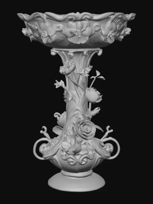 3D model for An elaborately designed pestal with a small bowl shapped base on top. The pedestal sits on a 3 inch base plate. The entire design is a masterpiece of art comprised of lush botanical, florals. Elements of Rocco, art nuevo era. Colors representing the victorian era.