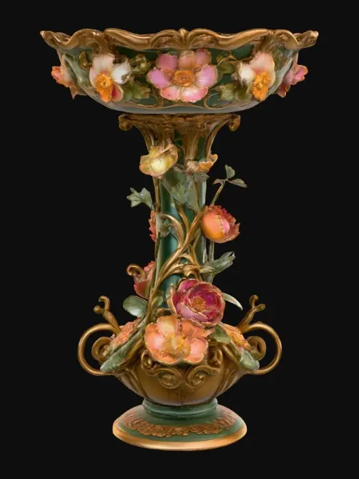 3D model for An elaborately designed pestal with a small bowl shapped base on top. The pedestal sits on a 3 inch base plate. The entire design is a masterpiece of art comprised of lush botanical, florals. Elements of Rocco, art nuevo era. Colors representing the victorian era.