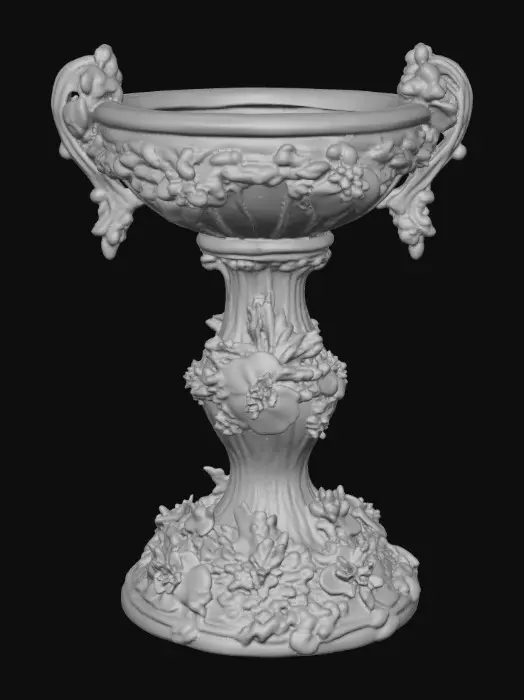 3D model for An elaborately designed pestal with a small bowl shapped base on top. The pedestal sits on a 3 inch base plate. The entire design is a masterpiece of art comprised of lush botanical, florals. Elements of Rocco, art nuevo era. Colors representing the victorian era.