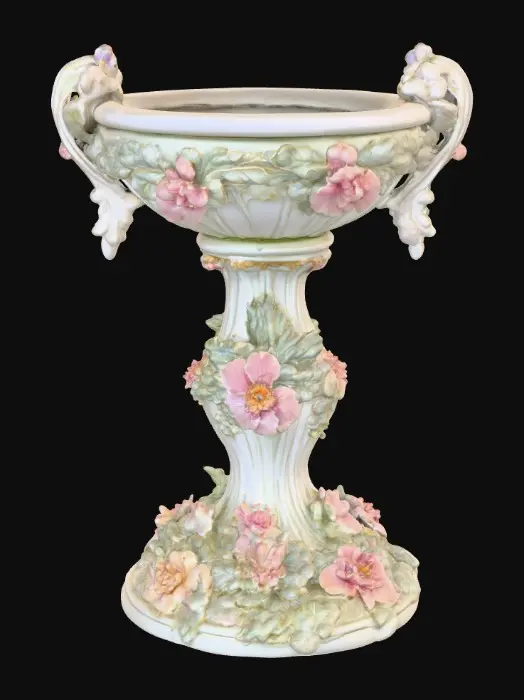 3D model for An elaborately designed pestal with a small bowl shapped base on top. The pedestal sits on a 3 inch base plate. The entire design is a masterpiece of art comprised of lush botanical, florals. Elements of Rocco, art nuevo era. Colors representing the victorian era.