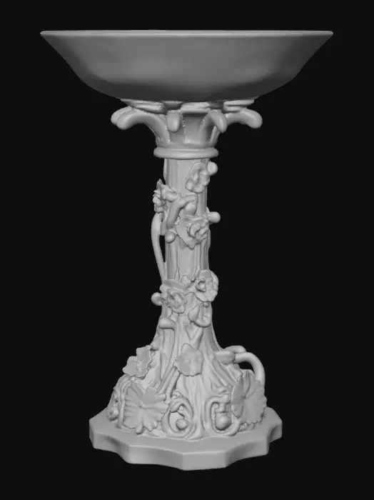 3D model for An elaborately designed pestal with a small bowl shapped base on top. The pedestal sits on a 3 inch base plate. The entire design is a masterpiece of art comprised of lush botanical, florals. Elements of Rocco, art nuevo era. Colors representing the victorian era.