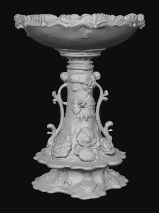 3D model for An elaborately designed pestal with a small bowl shapped base on top. The pedestal sits on a 3 inch base plate. The entire design is a masterpiece of art comprised of lush botanical, florals. Elements of Rocco, art nuevo era. Colors representing the victorian era.